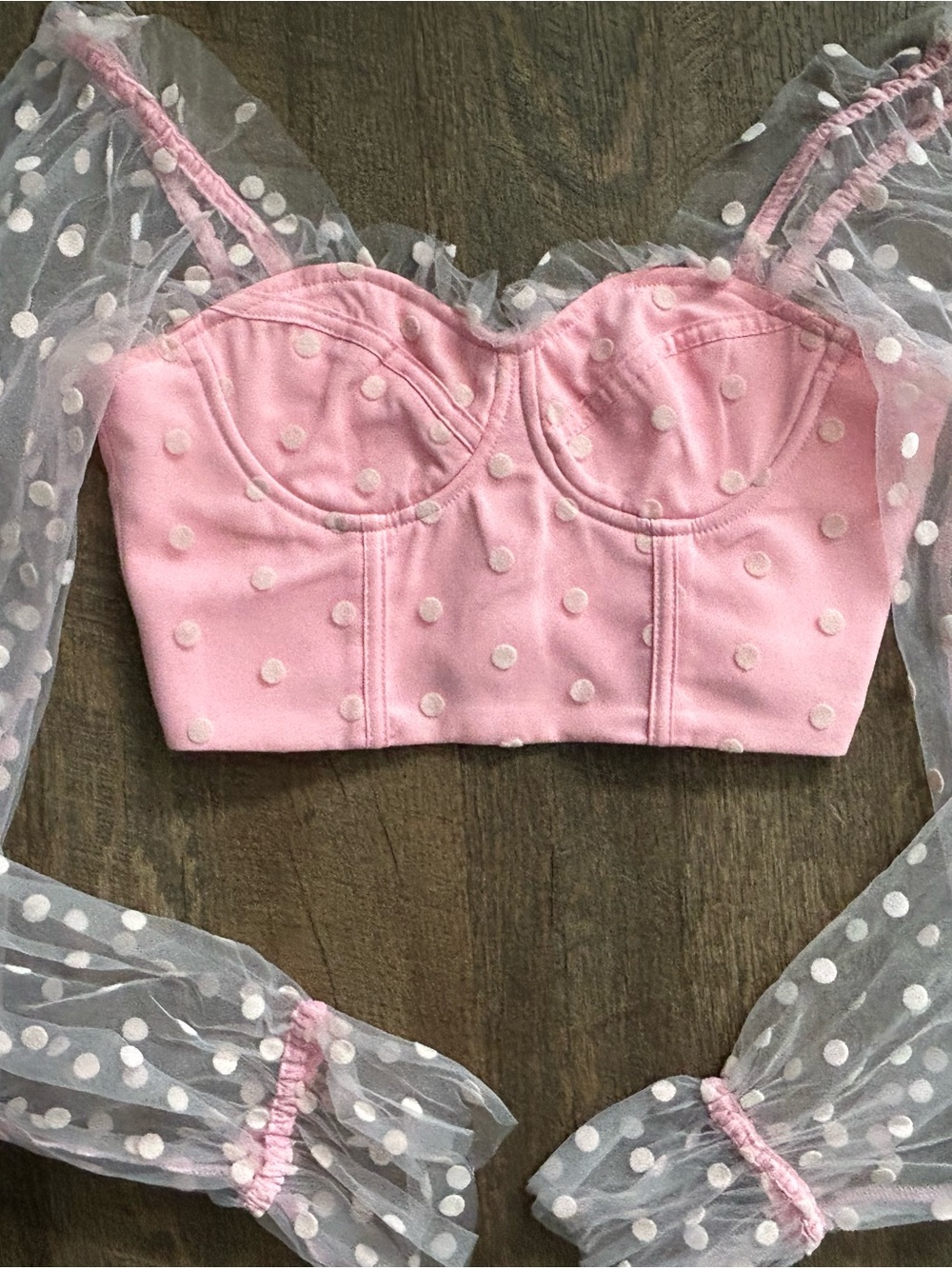 Runaway The Label Pink Polka Dot Mesh Sleeve Bustier Top XS like new!